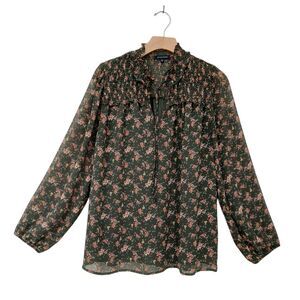 Anthropologie Pleione Blouse Womens Large Green Shirred Back Peasant Floral